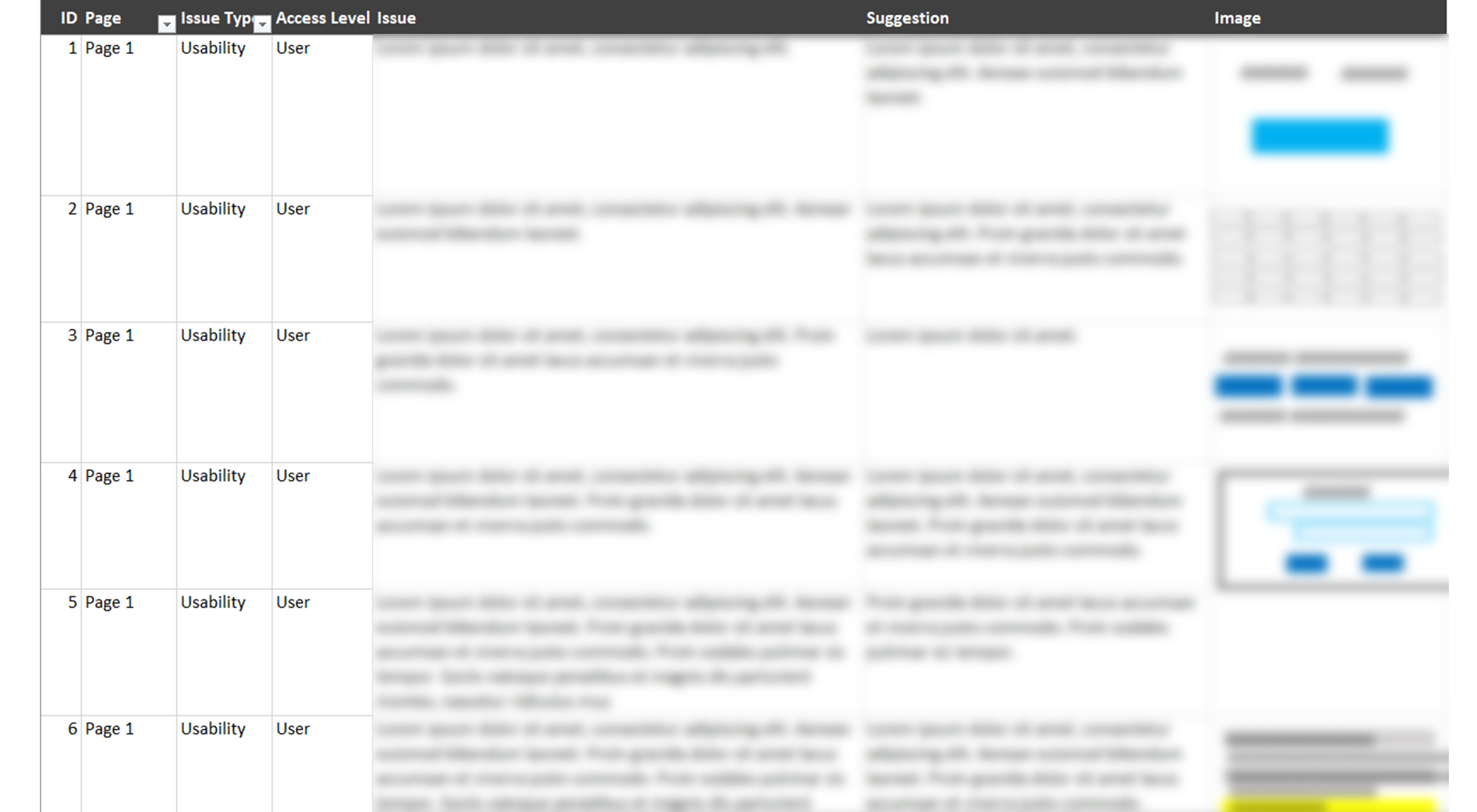Heuristic evaluation findings organized by page, issue type, access level, and recommendation