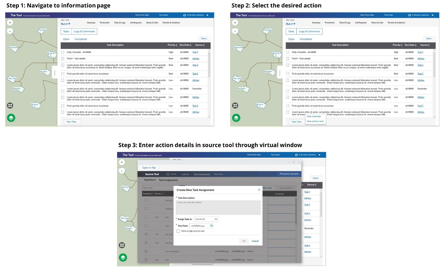 Prototype for completing a task through a source tool virtual window
