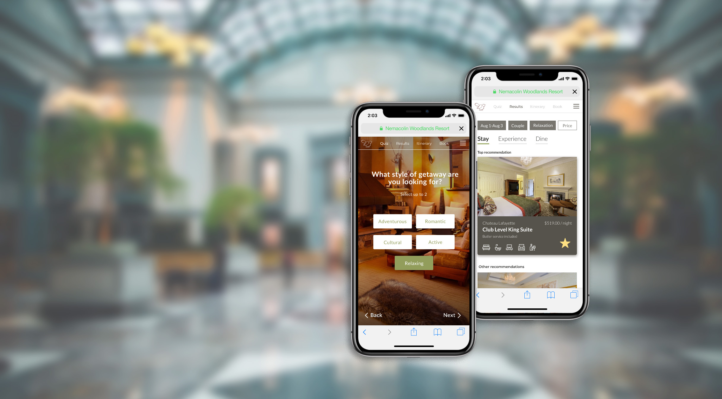 Nemacolin Trip Planner shown on two mobile screens