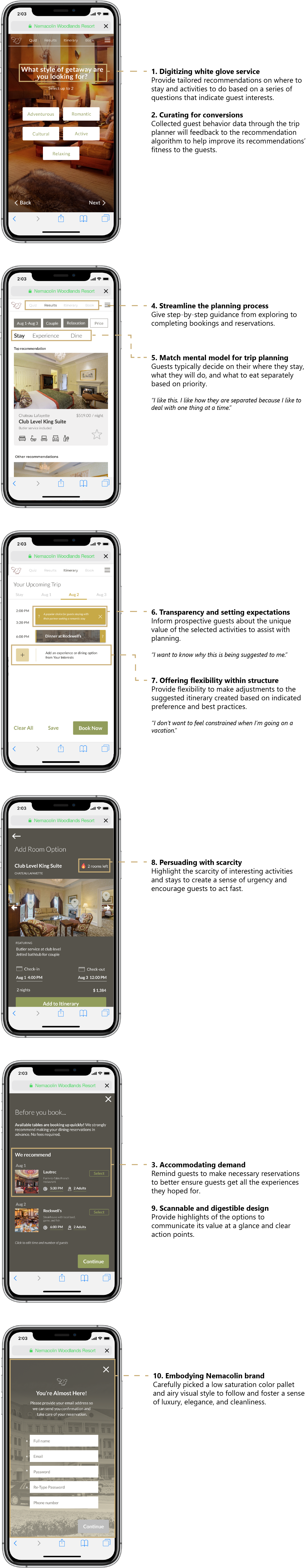 Ten design principles mapped to Resort Trip Planner screens